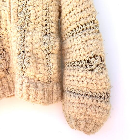 Vintage Norma Canada Sweater Chunky Knit Crochet Boho Beige Wool Full Zip Small - Picture 4 of 8